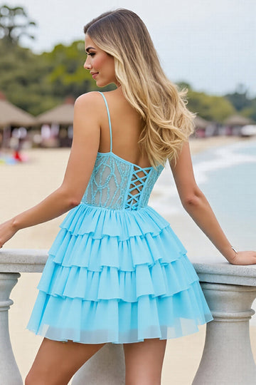 Light Blue Chiffon Corset Tiered Short Cocktail Dress with Ruffles